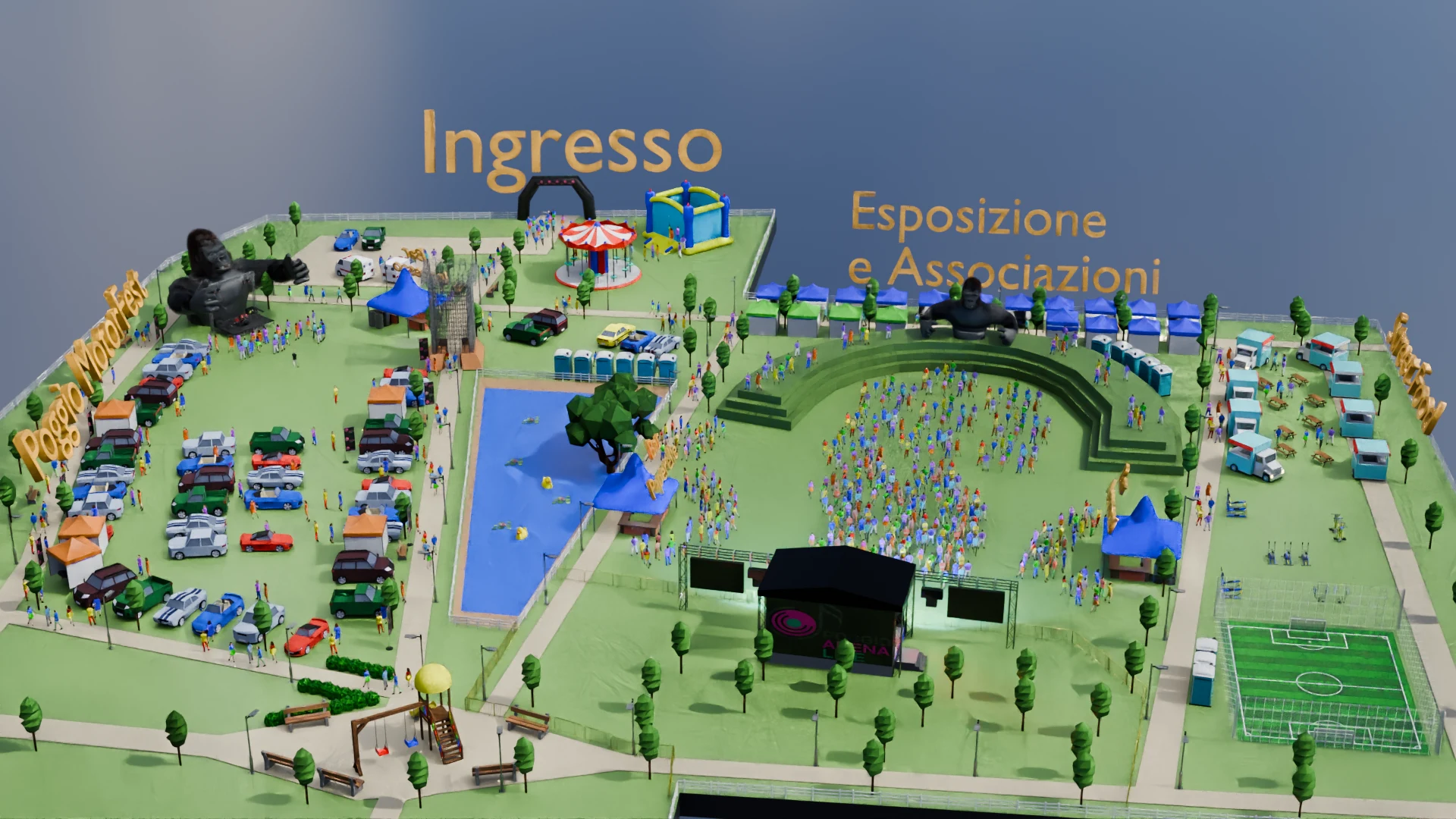 Mappa 3D del Poggio Arena Live 2026 per domenica 13 settembre: palco, bar e servizi