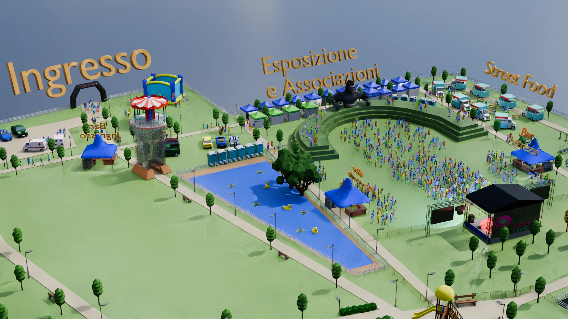 Mappa 3D del Poggio Arena Live 2026 per venerdì 11 settembre: bar e servizi