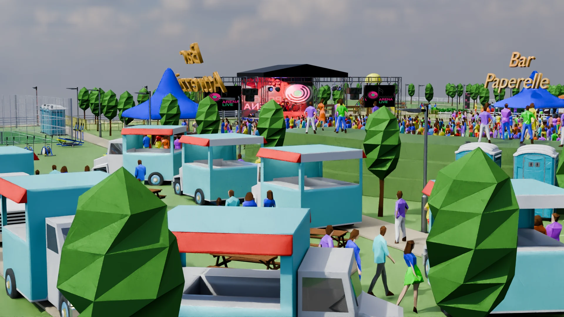 Mappa 3D del Poggio Arena Live 2026 per mappa generale: street food e servizi