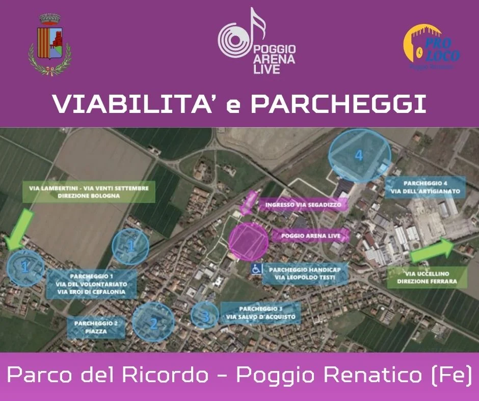 Mappa della viabilità e dei parcheggi per Poggio Arena Live al Parco del Ricordo